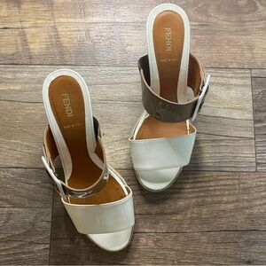 FENDI Two Tone Patent Leather Wedge Sandals in Pearl Stone